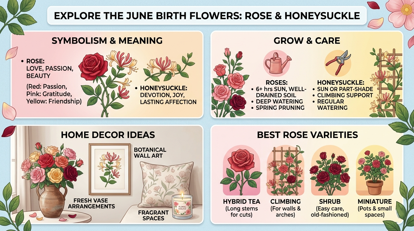Fresh red roses and honeysuckle blossoms arranged together representing the June birth flower