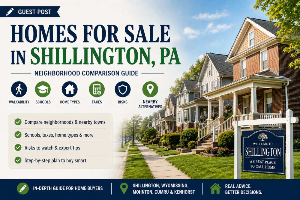 Residential homes in Shillington PA featured in a neighborhood comparison guide highlighting walkability, schools, taxes, housing types, and nearby communities for home buyers
